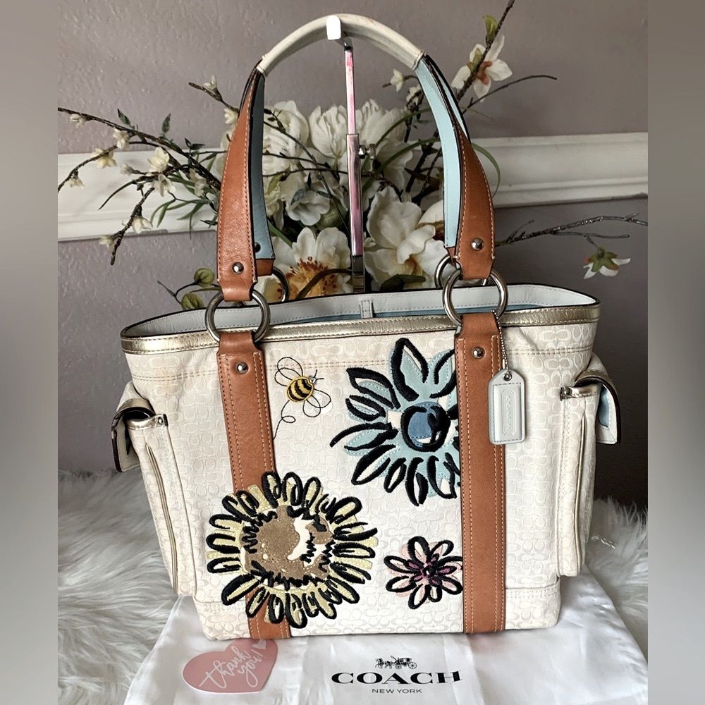 Coach RARE Vintage Limited Edition Signature Bee Flower Appliqué Tote Bag Y2K